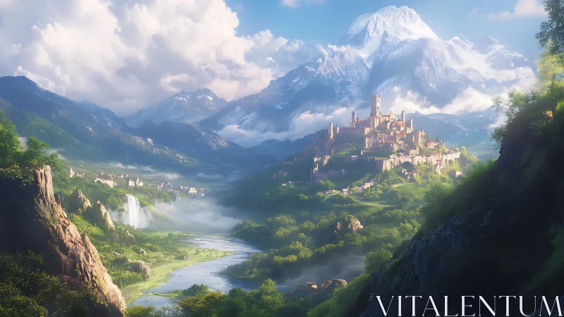 Mountain valley city sits above river amid mist and sunlight