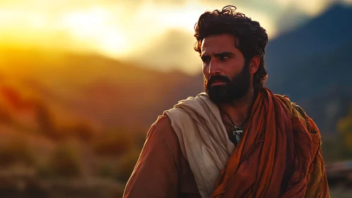 Bearded traveler studies sunset horizon in cinematic warm light