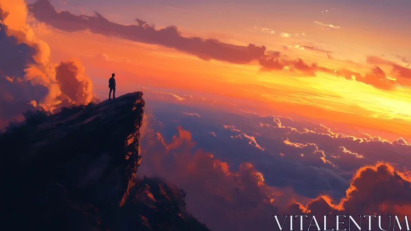 Solitary figure on cliff edge above radiant cloudscape at dusk.