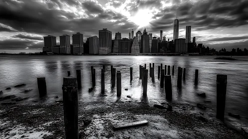 Monochrome city skyline is viewed across water with pilings