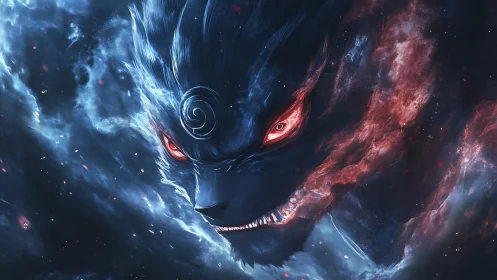 Cosmic demon fox emerging through swirling nebula flames.