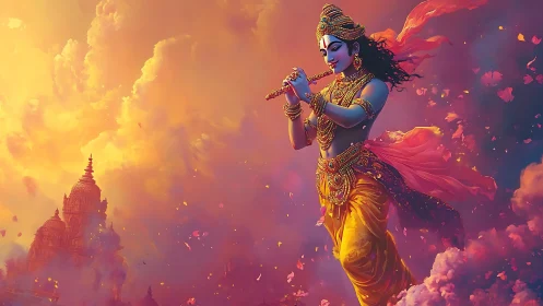 Divine flute player over temple in luminous sunset clouds.