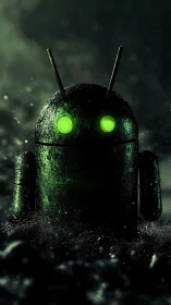 Green android robot figure stands in dark, wet environment