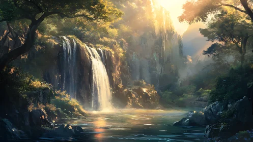 Sunlit forest waterfall where quiet water stories linger.