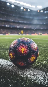 Rain-soaked football on wet pitch under stadium lights.