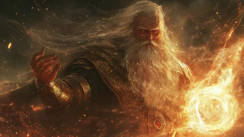 Ancient fire mage conjuring incandescent vortex spellfield