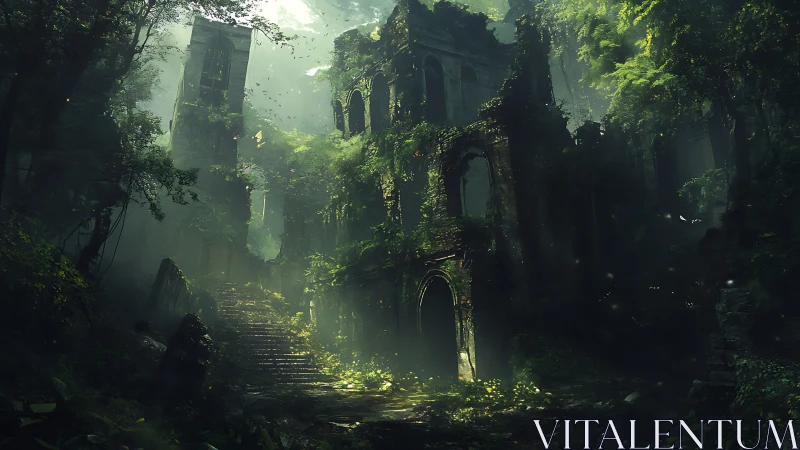 Overgrown stone ruins in dense forest with filtered light.