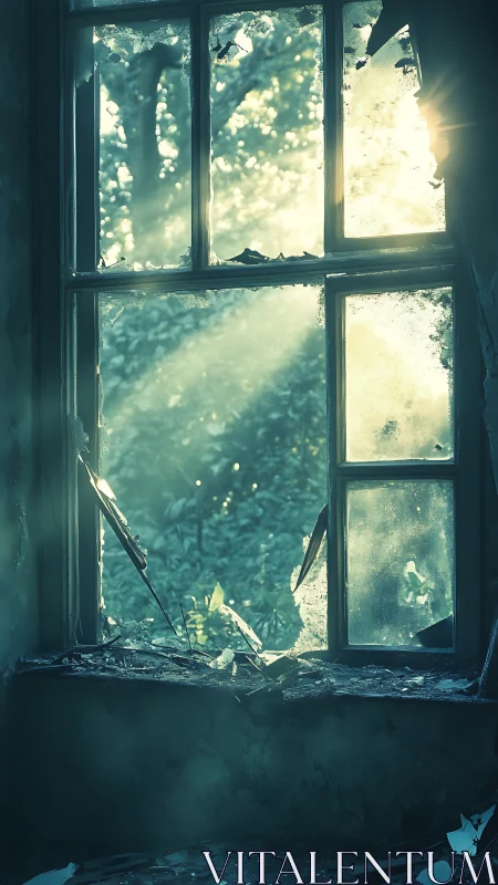 Sunlit ruins whisper through a shattered emerald window frame.
