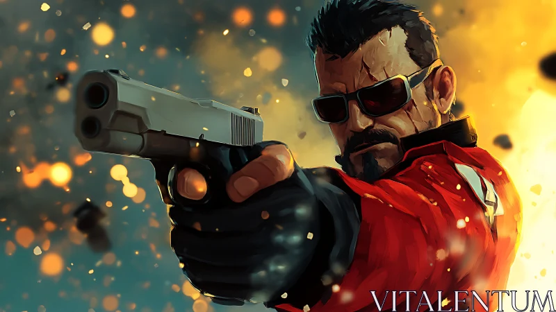 Cool action hero aims forward in a blaze of color.