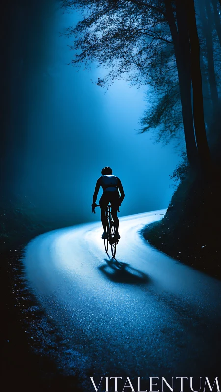 Cyclist riding forest road at dusk beneath blue twilight.