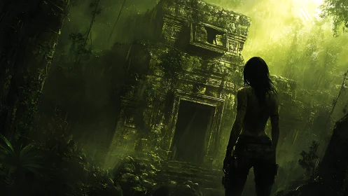 Jungle explorer confronts overgrown temple in toxic light.