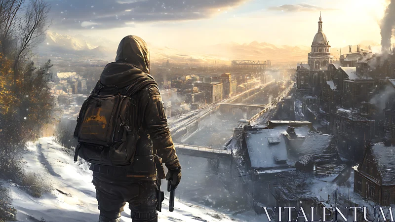 Lone survivor overlooks frozen post-apocalyptic cityscape.