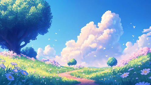 Sunlit flower meadow unfolds beneath towering summer clouds