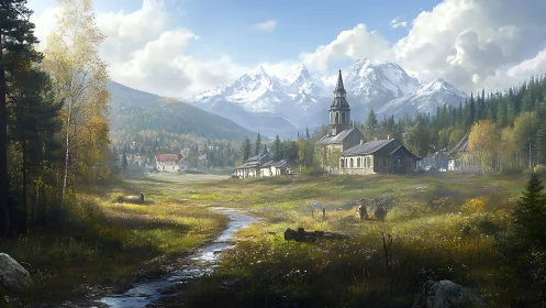Quiet mountain village and church wrapped in soft morning light.