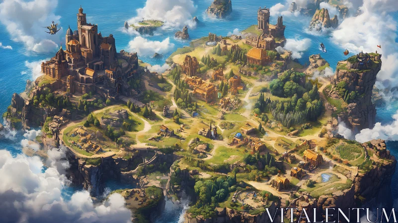 Floating fantasy kingdom sprawls across sunlit sea cliffs.
