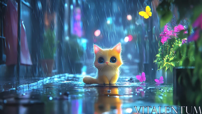 Adorable cat sits in magical rain with glowing lights and butterflies