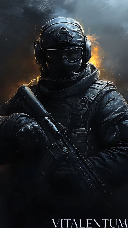 Armored tactical soldier stands ready before burning skyline