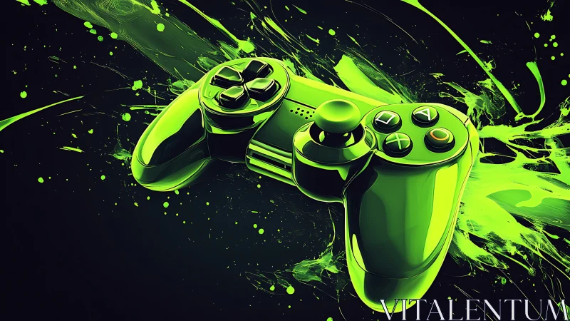 Neon green game controller with abstract paint splashes.