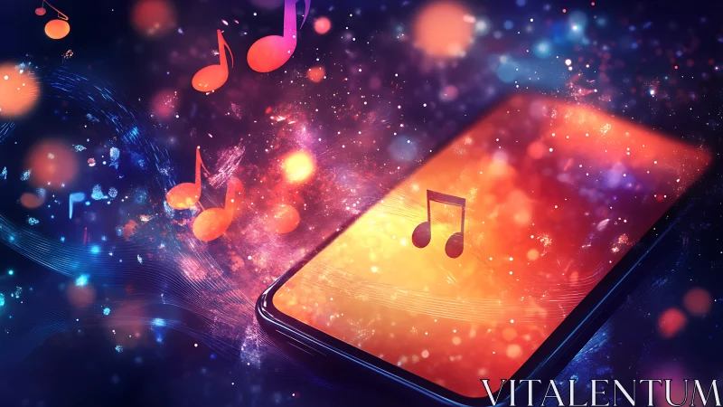 Glowing smartphone screen releases vibrant streaming music notes