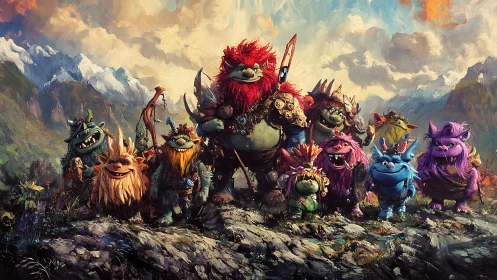 Group of colorful fantasy trolls on rocky mountain plateau.