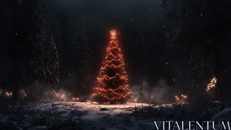 Christmas tree glows with red lights in dark snowy forest