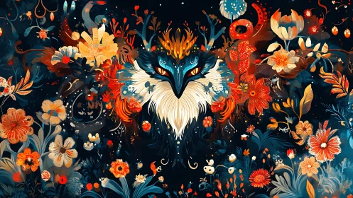 Symmetrical fox deity rendered in dense, high-contrast floral abstraction