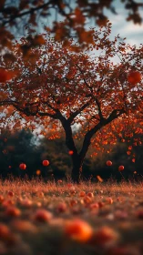 Autumn apple tree stands over orchard floor covered in fruit