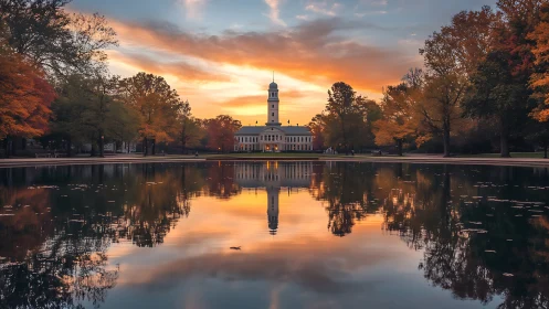 Sunset reflections over a quiet campus lake and tower.