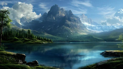 Mountain range rises above reflective alpine lake