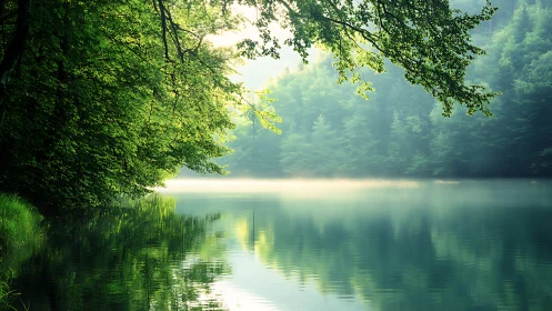 Sunlit forest canopy frames a tranquil mist-layered lake