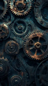 Interlocked rusted steel gear train with complex mechanical tolerances