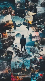 Central coastal figure surrounded by fragmented photo scenes.