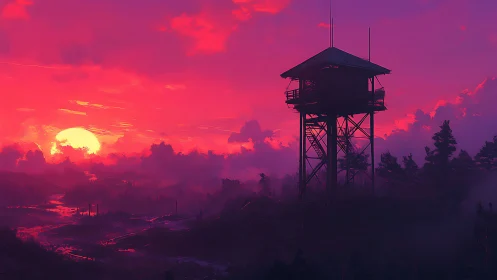 Watchtower silhouette in saturated magenta sunset haze