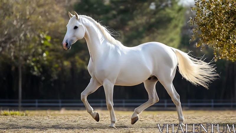 White horse moving across paddock in outdoor daylight scene.