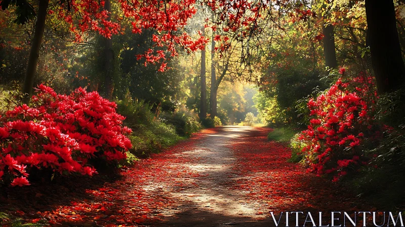 Sunlit woodland path framed by dense red azalea borders