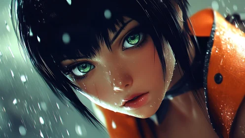 Close-up portrait of wet green-eyed anime girl in rain.