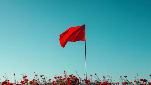 Scarlet signal flag above wildflower sea in turquoise sky.