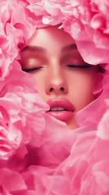 Petal-draped dreamer resting in a cloud of cotton-candy pink.