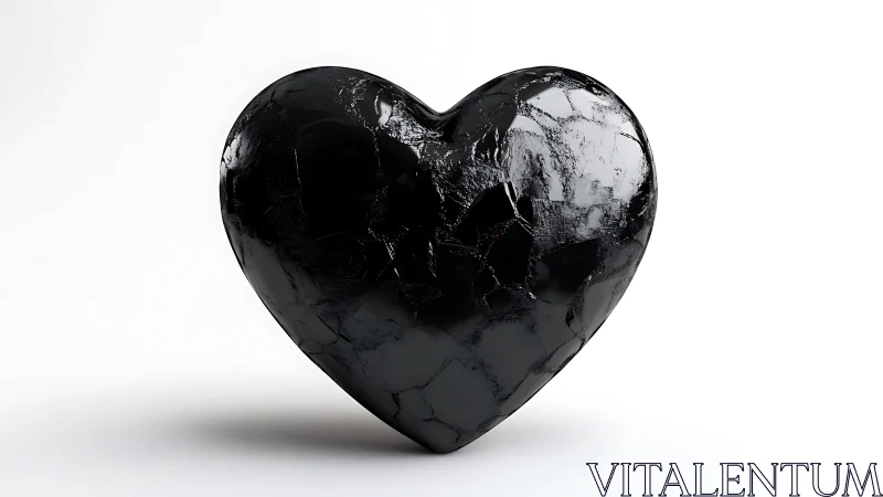 Fractured Black Heart Stone Against Minimalist White Background