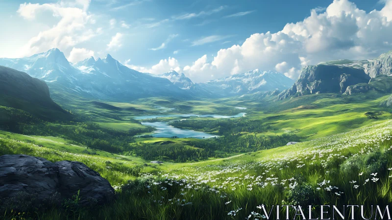 Mountain valley landscape with lakes under clear daylight.