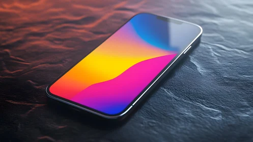 Modern smartphone with vibrant screen on textured surface.