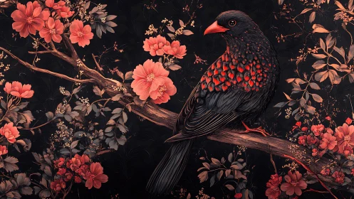 Elegant Black Bird on Floral Branch, Detailed Botanical Art.