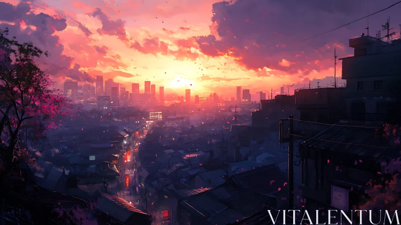 Sunset-drenched city skyline glows above quiet urban streets