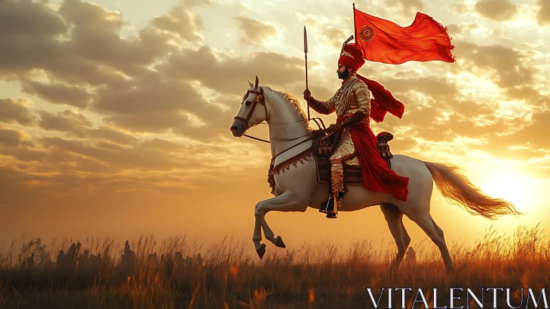 Armored horseman with red war banner rides at sunset in profile