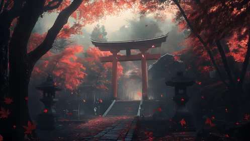 Crimson leaves guard a mist‑veiled torii at dawn