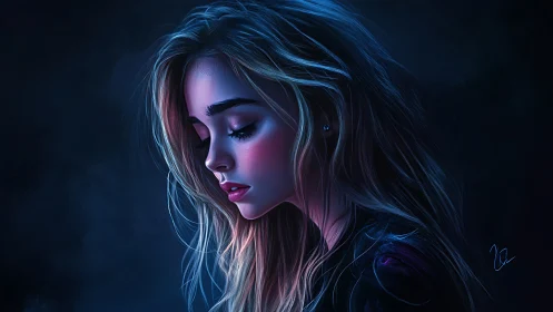 Melancholic young woman rendered in cool neon side light