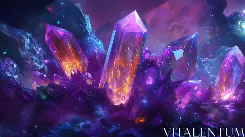 Vivid purple crystal cluster glows in a cosmic cavern