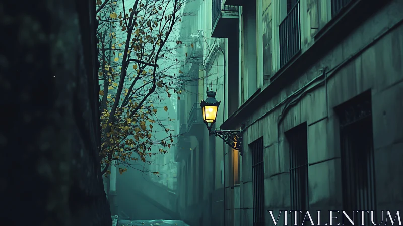Solitary gaslamp in misty teal-toned urban alleyway.