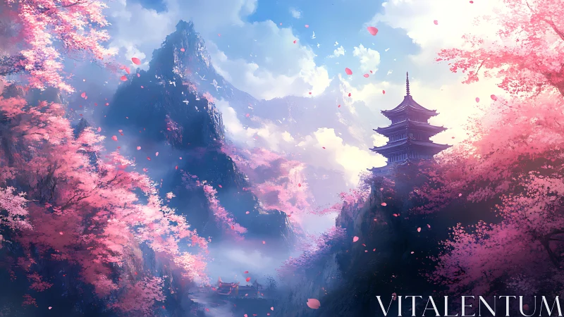 Pagoda among luminous cherry blossoms and misted peaks.