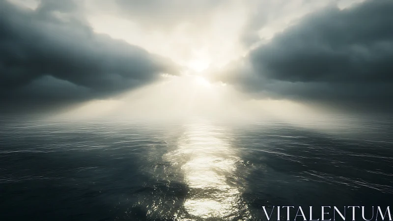 Sunlight pierces storm clouds above reflective open ocean